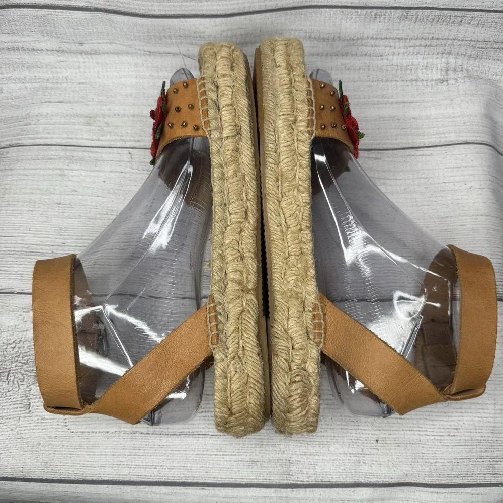 Soludos x Anthropologie Bahia Brown‎ Leather Floral Espadrille Sandals Size 6.5